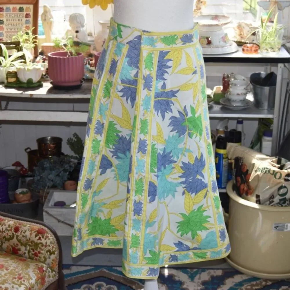 Vintage 1960s Emilio Pucci Fabric Skirt 70s Floral Border Print Italy Waist 32